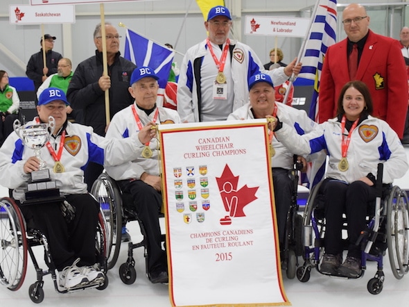 Gerry Austgarden, Team B.C., Canadian wheelchair curling champs, from left, front, Darryl Neighbour, Frank Labounty, Alison Duddy. Back, coach Brad Burton, Curling Canada governor Yves Maillet. (Photo, Morgan Daw)